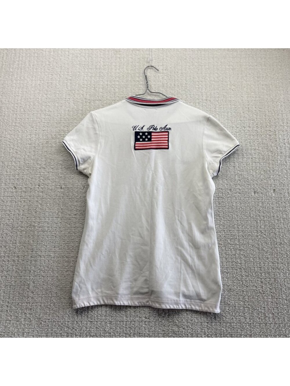 Y2K US Polo Assn Women’s Polo Shirt Size Large White w/ USA Flag Preppy 2000's